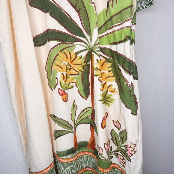 NWT Anthropologie Farm Rio Palm Tree V Neck Puff Sleeve Cut Out Waist Midi Dress - Picture 8 of 15